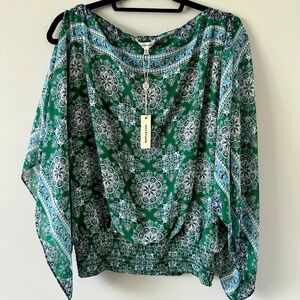 NWT Max Studio split sleeve smocked waist boho top size L